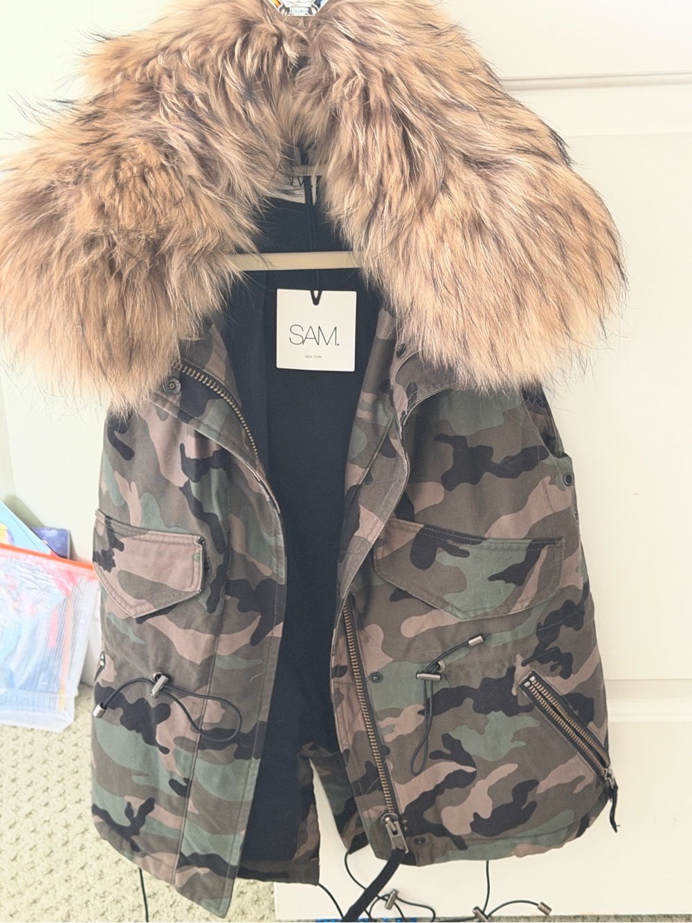 SAM. Camouflage Parka Vest with Faux Fur Hood Trim
